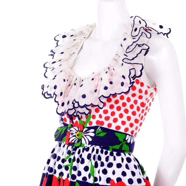 1960s Oscar de la Renta Polka Dot Floral Print Vintage Dress w/ Ruffle Collar