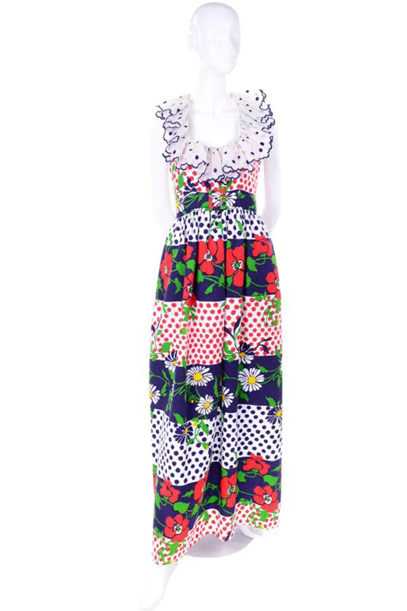 1960s Oscar de la Renta Polka Dot Floral Print Vintage Dress w/ Ruffle Collar