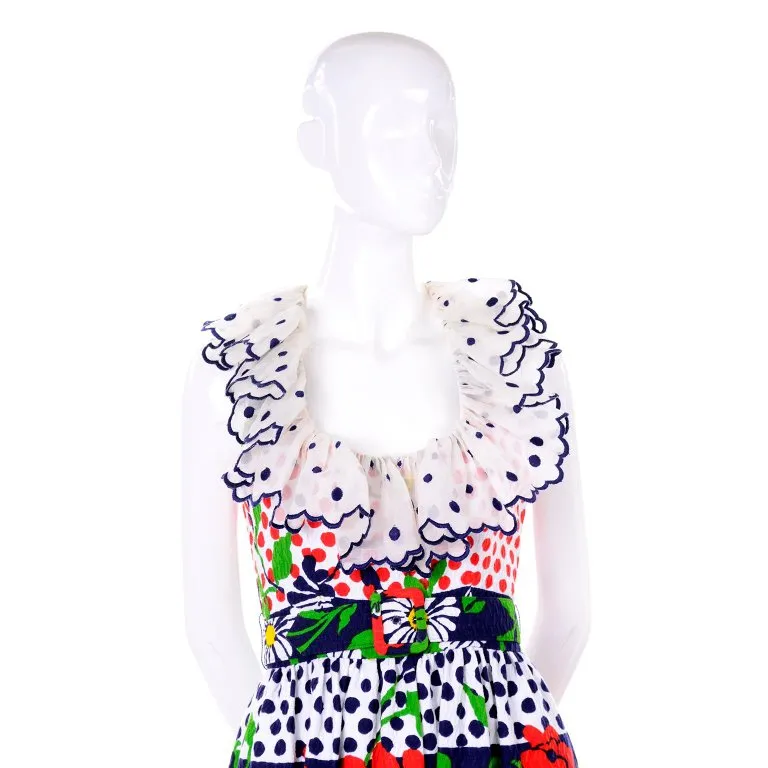 1960s Oscar de la Renta Polka Dot Floral Print Vintage Dress w/ Ruffle Collar