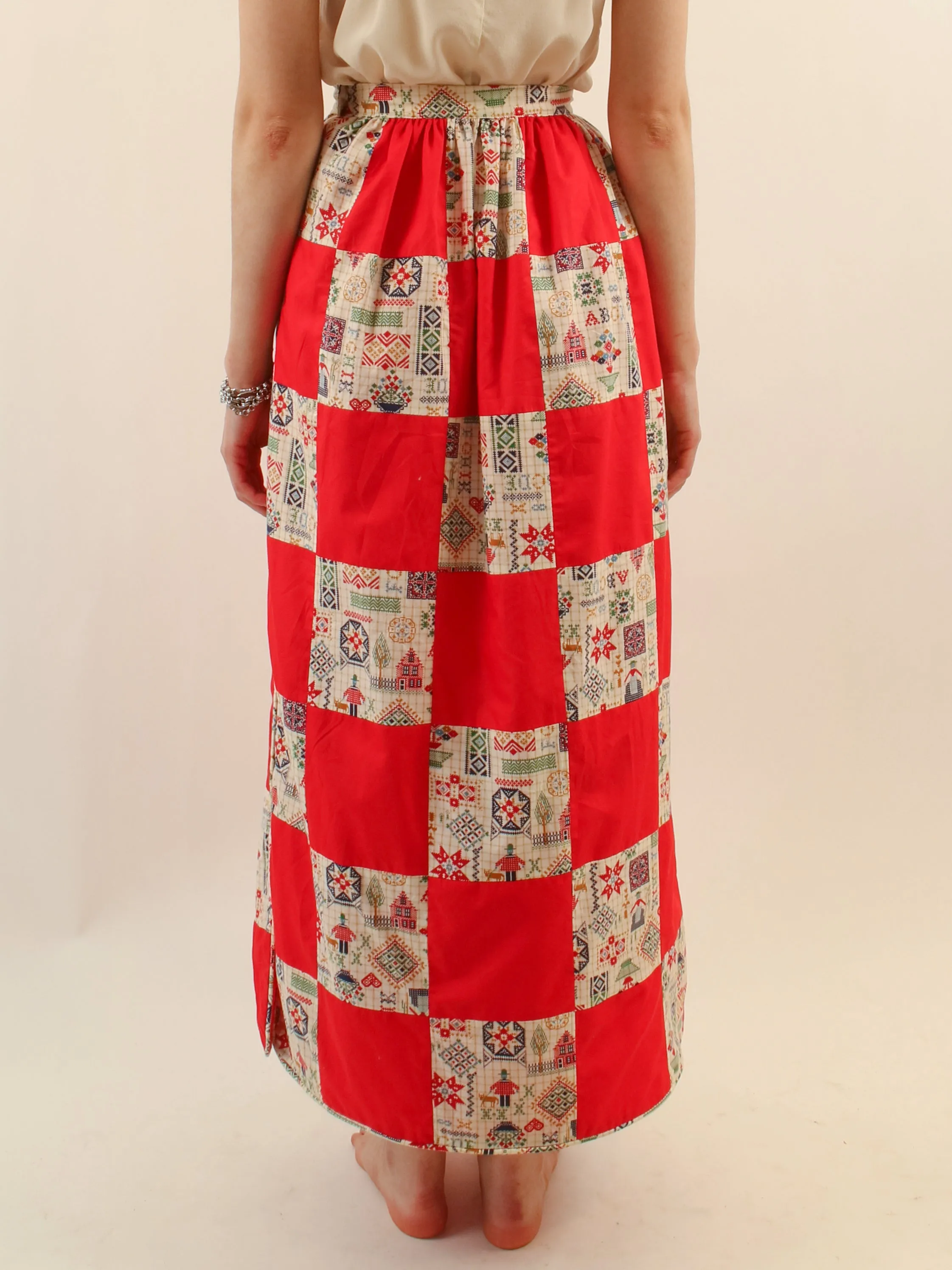 1970s Fair Isle Patchwork Reversible Embroidery Print Maxi Skirt