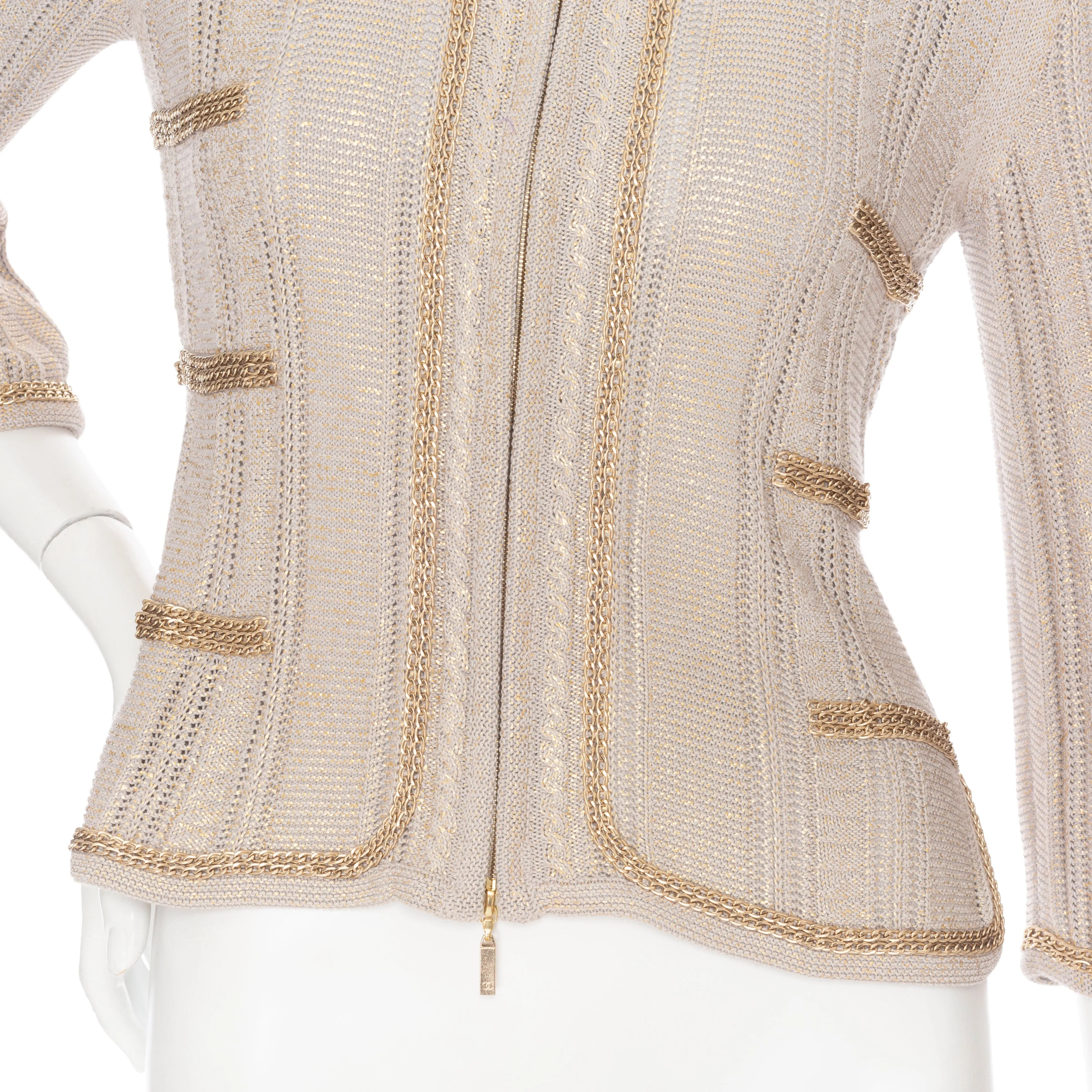 2008 Beige and Gold-Brushed Chain-Trim Knit Cardigan