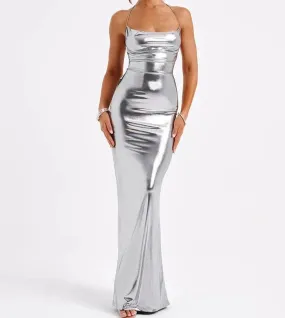 A&A Metallic Backless Cowl Neck Maxi Dress