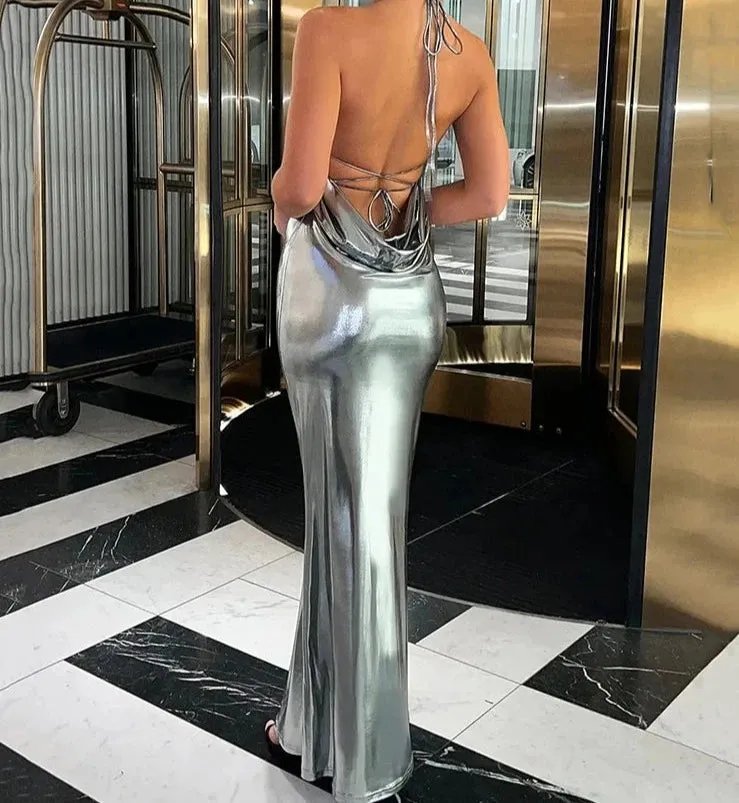 A&A Metallic Backless Cowl Neck Maxi Dress