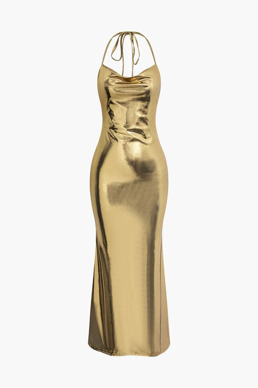 A&A Metallic Backless Cowl Neck Maxi Dress