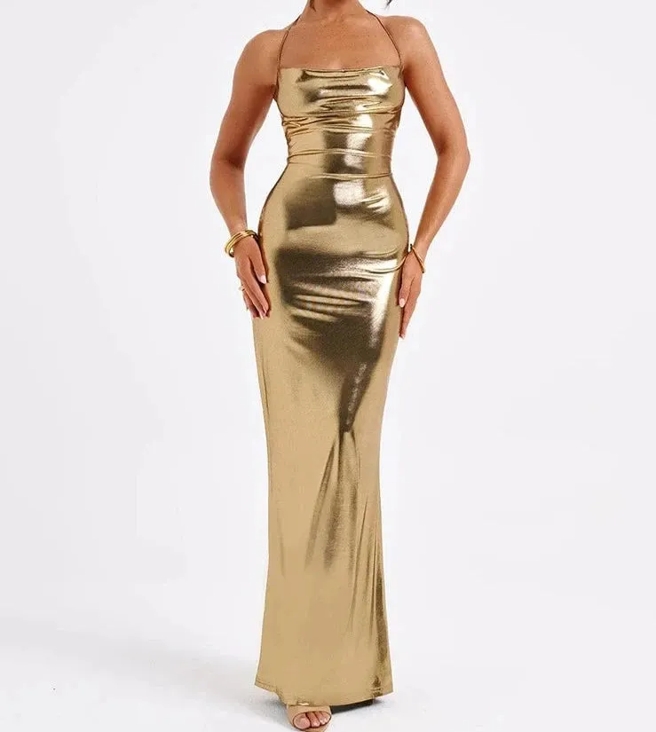 A&A Metallic Backless Cowl Neck Maxi Dress