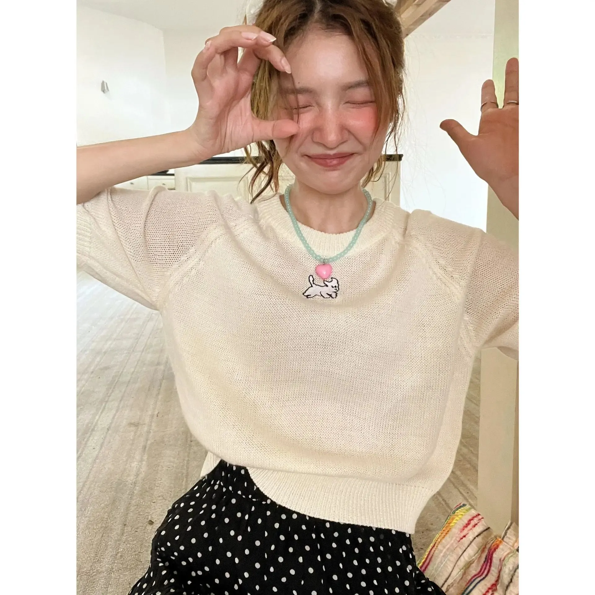 ADVBRIDGE Sweet Crewneck Knitwear T-shirt Cute Embroidery Y2k Tops Short Sleeve Sweater Loose Tees Korean Fashion Ropa De Mujer