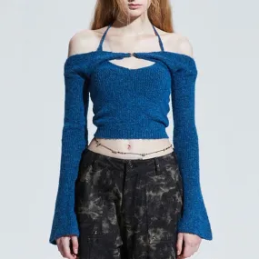 Advbridge  Y2K Knitted Halter Cami Tops And Flare Sleeve Shrug Set Blue Sweater Set Shawl Stacked 2 Piece Set Long Sleeve