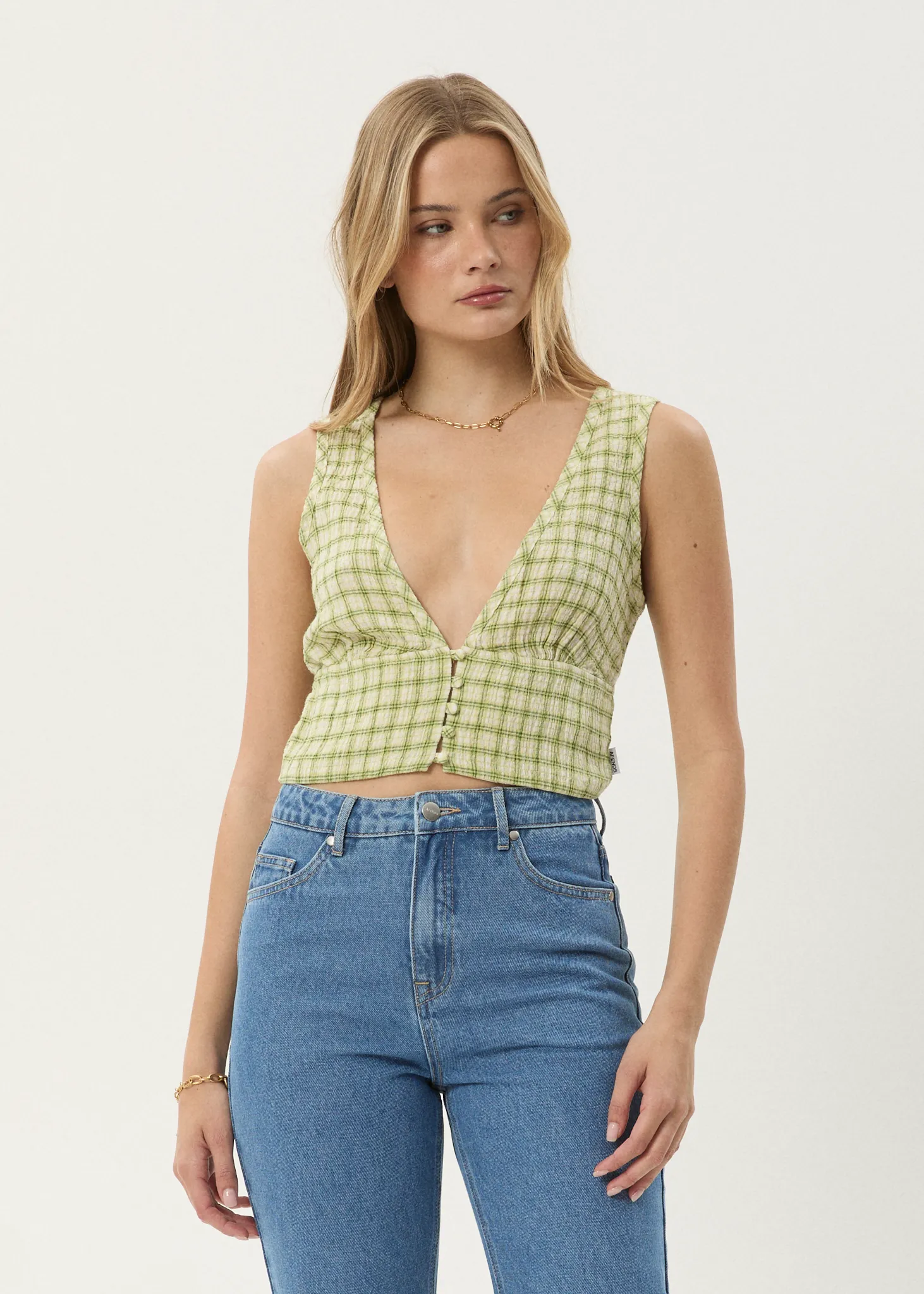 AFENDS Womens Darcy - Check Button Top - Lemongrass Check