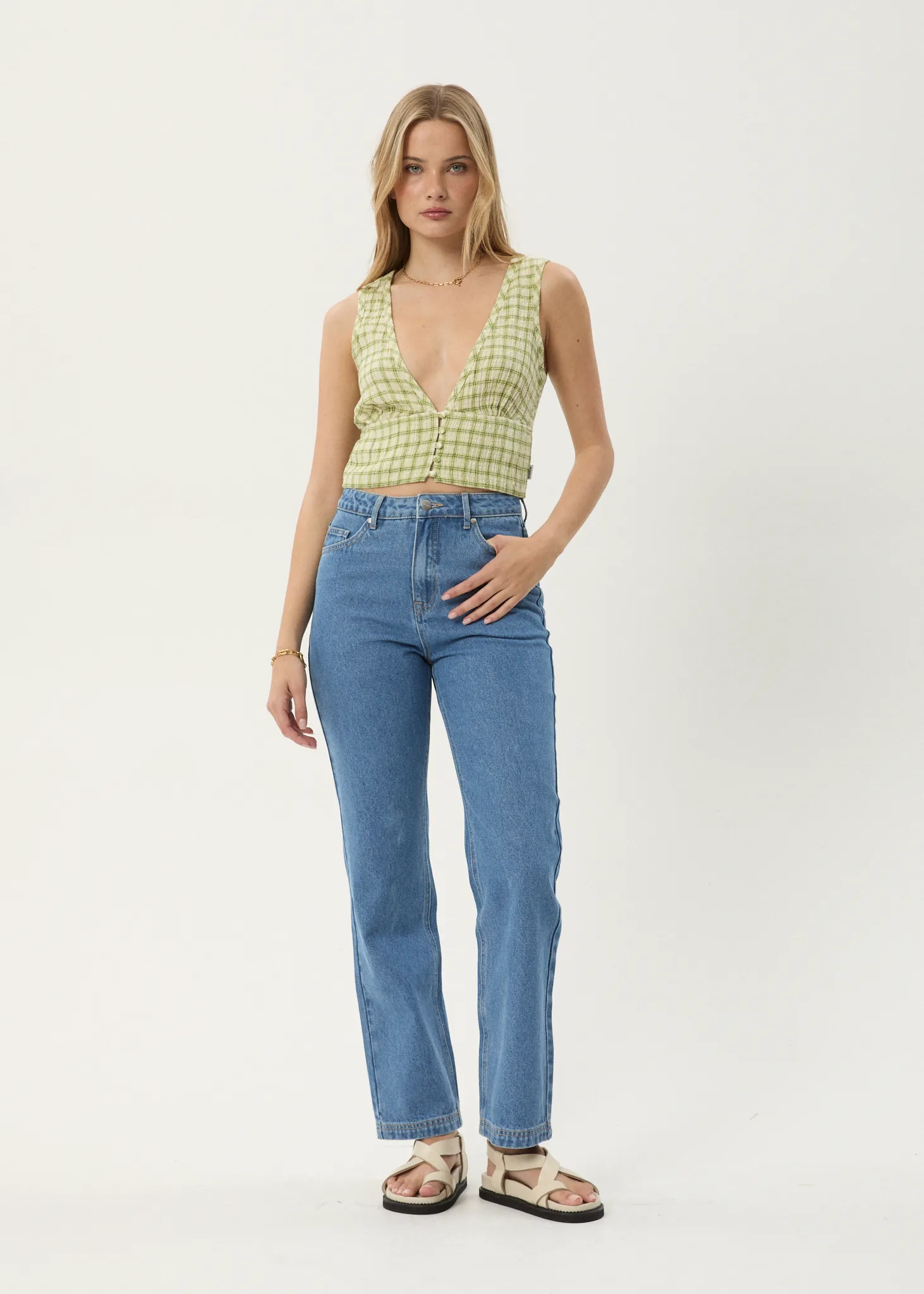 AFENDS Womens Darcy - Check Button Top - Lemongrass Check