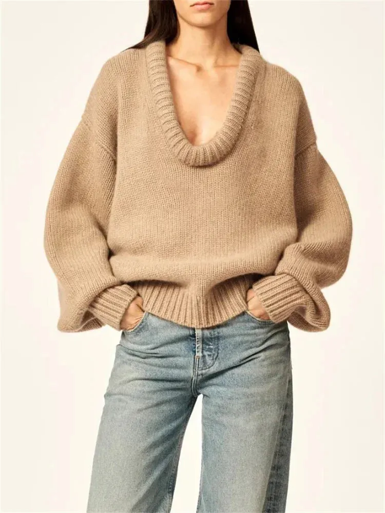 Amozae Autumn Knit Sweater Pullover Loose Female Casual Patchwork Scoop Neck Striped Long Sleeve Knitwear Women Y2k Top Pullover