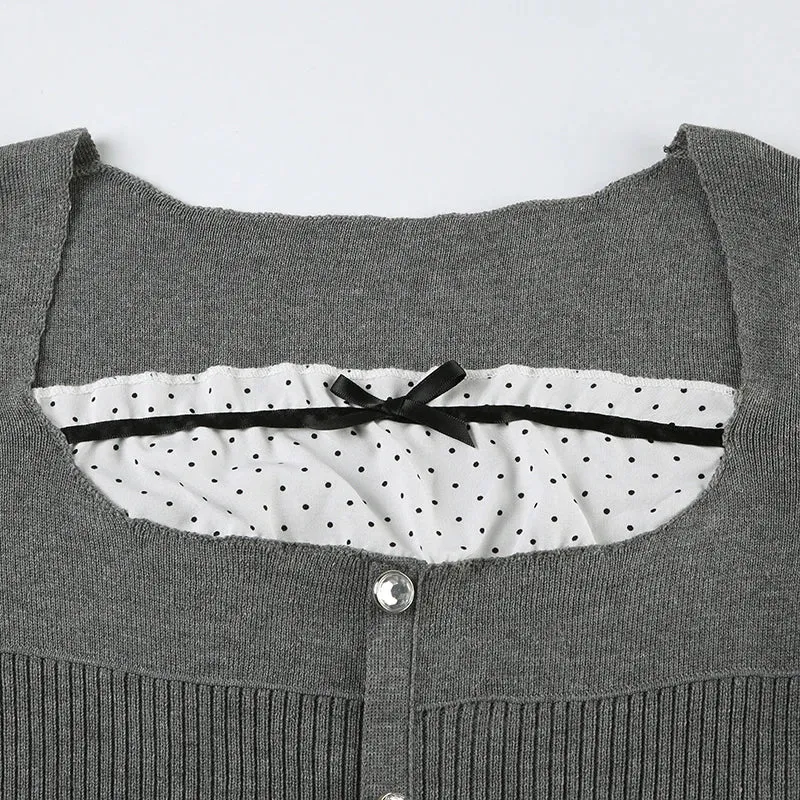 Amozae Patchwork Dot Print Y2K Bow Sweater Fake Buttons Ruffles Hem Fitted Knitted Top Vintage Street Jumpers Sweet Korean