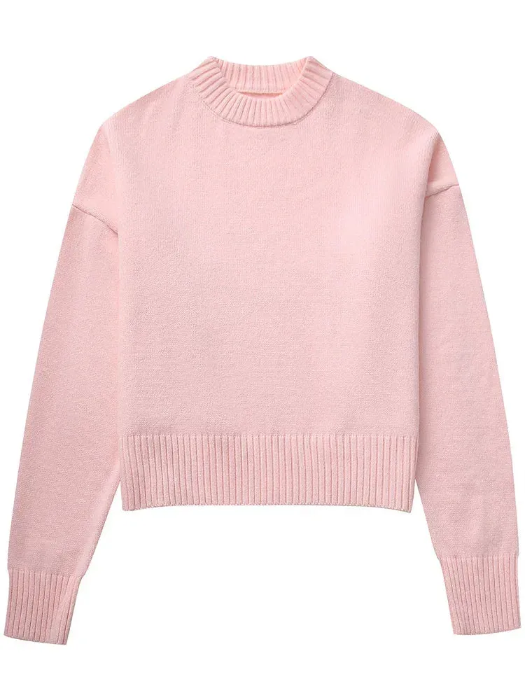 Amozae Pink Knitwear Sweater Pullover For Women Long Sleeve Fashion Loose Patchwork Cute Y2k Top Female Knit Elegant Pullover New