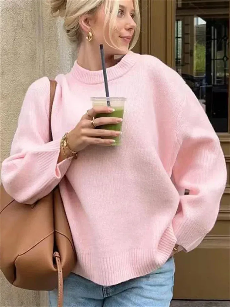 Amozae Pink Knitwear Sweater Pullover For Women Long Sleeve Fashion Loose Patchwork Cute Y2k Top Female Knit Elegant Pullover New