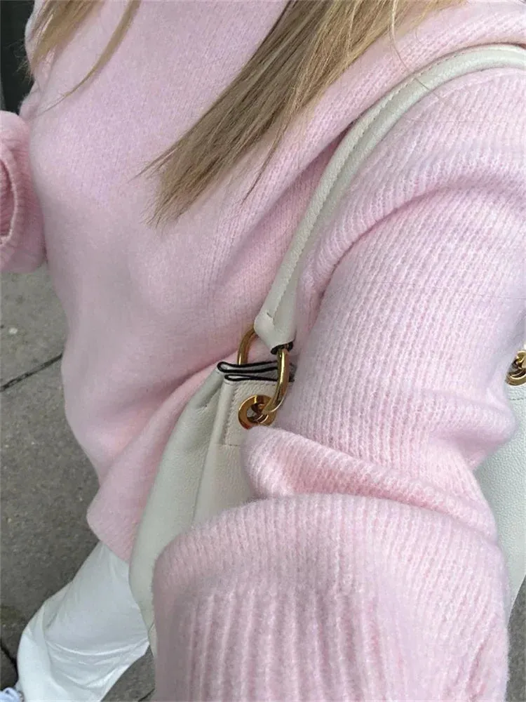 Amozae Pink Knitwear Sweater Pullover For Women Long Sleeve Fashion Loose Patchwork Cute Y2k Top Female Knit Elegant Pullover New