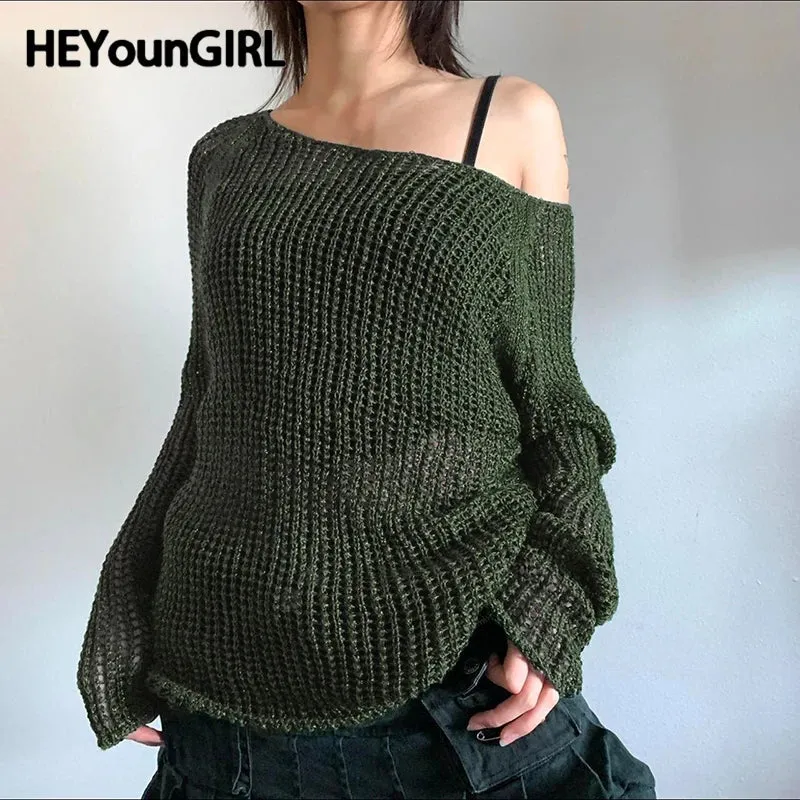 Amozae Vintage Green Circle Collar Sweater Fall Winter Stylish Y2K Long Sleeve Jumpers Loose Fit Grunge Style Knit Pullovers