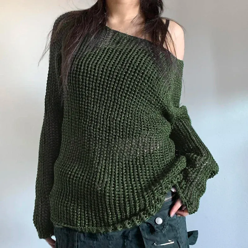 Amozae Vintage Green Circle Collar Sweater Fall Winter Stylish Y2K Long Sleeve Jumpers Loose Fit Grunge Style Knit Pullovers