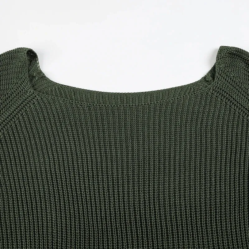 Amozae Vintage Green Circle Collar Sweater Fall Winter Stylish Y2K Long Sleeve Jumpers Loose Fit Grunge Style Knit Pullovers