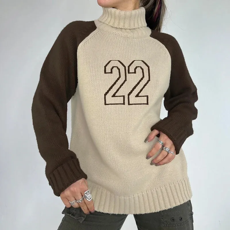 Amozae Women Digital Print Turtleneck Sweater Vintage Fashion Winter Knit Pullovers Y2K Casual Jumpers Fall Streetwear Lady