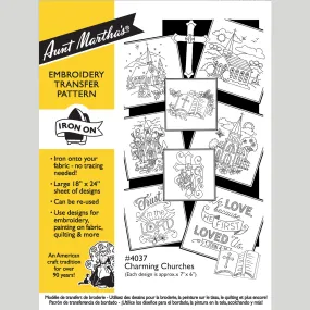 Aunt Martha's Charming Churches Iron-On Embroidery Pattern