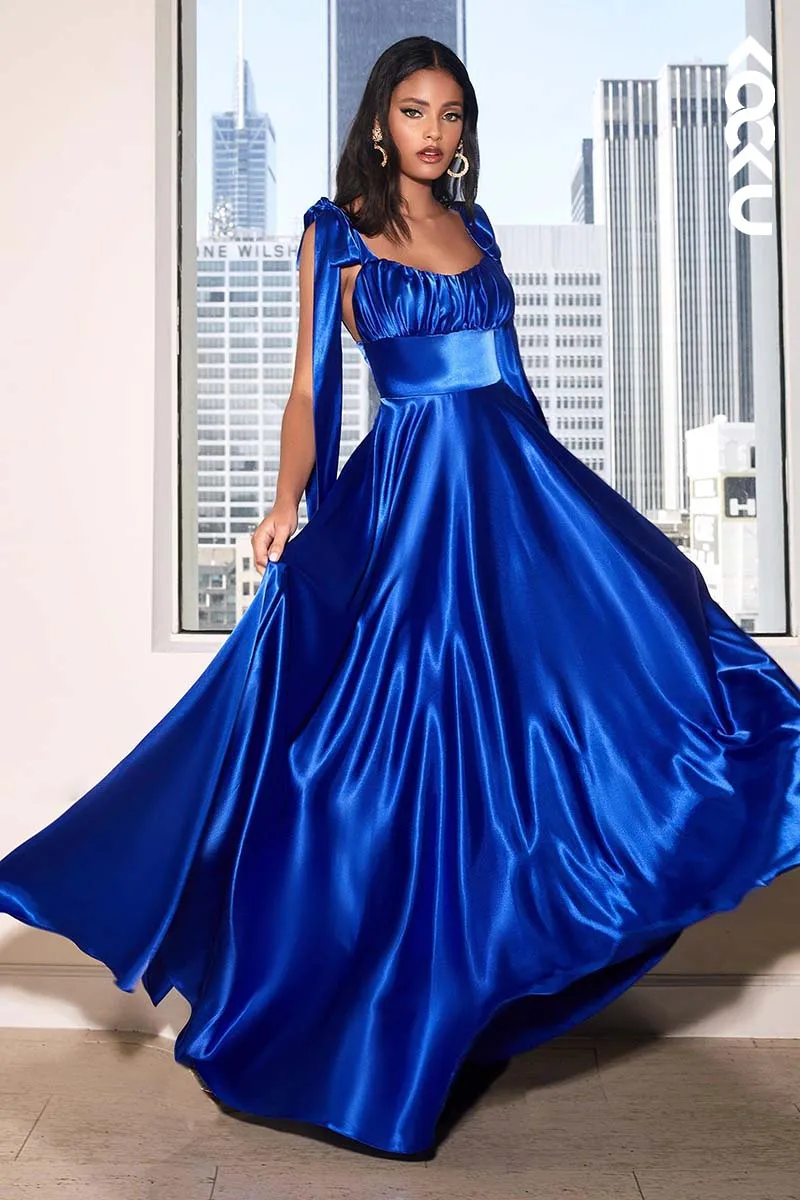 B4001 - Square Neck Sleeves Ruched Satin A-Line Long Bridesmaid Dress