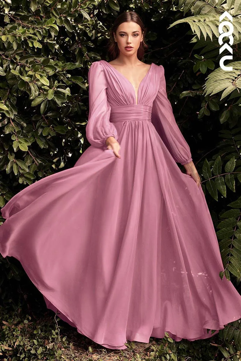 B4003 - V-Neck Long Sleeves Ruched Tulle A-Line Long Bridesmaid Dress