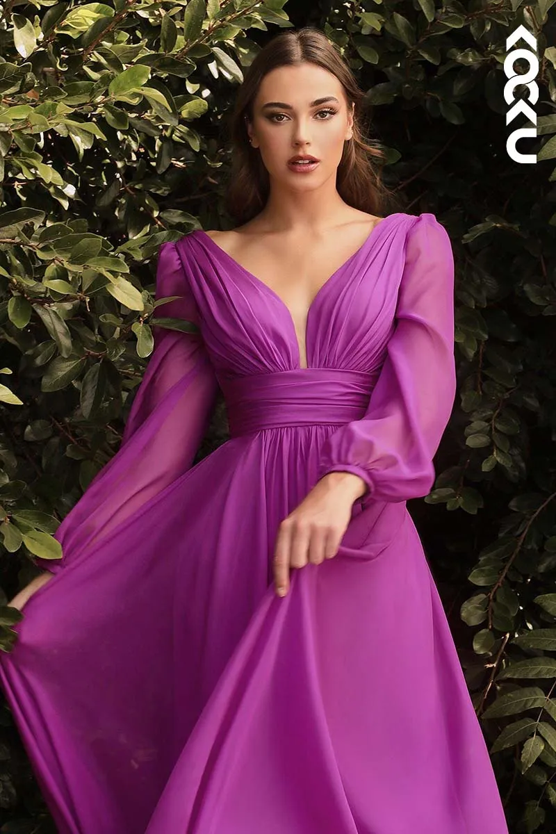 B4003 - V-Neck Long Sleeves Ruched Tulle A-Line Long Bridesmaid Dress