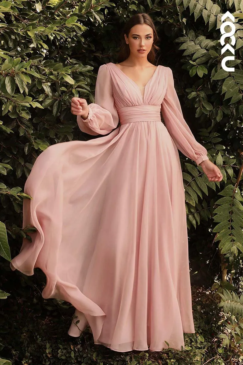 B4003 - V-Neck Long Sleeves Ruched Tulle A-Line Long Bridesmaid Dress