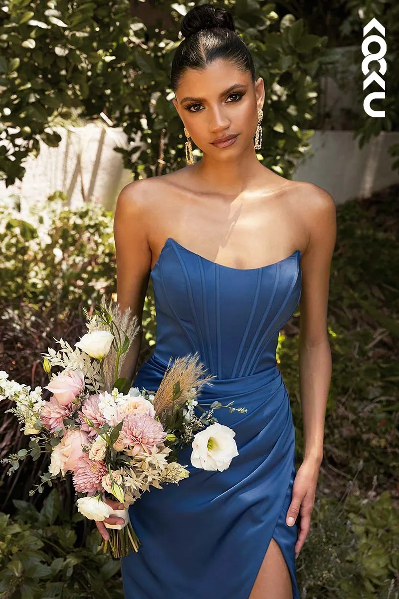 B4009 - Off-Shoulder Ruched Satin Sheath Long Bridesmaid Dress With Slit