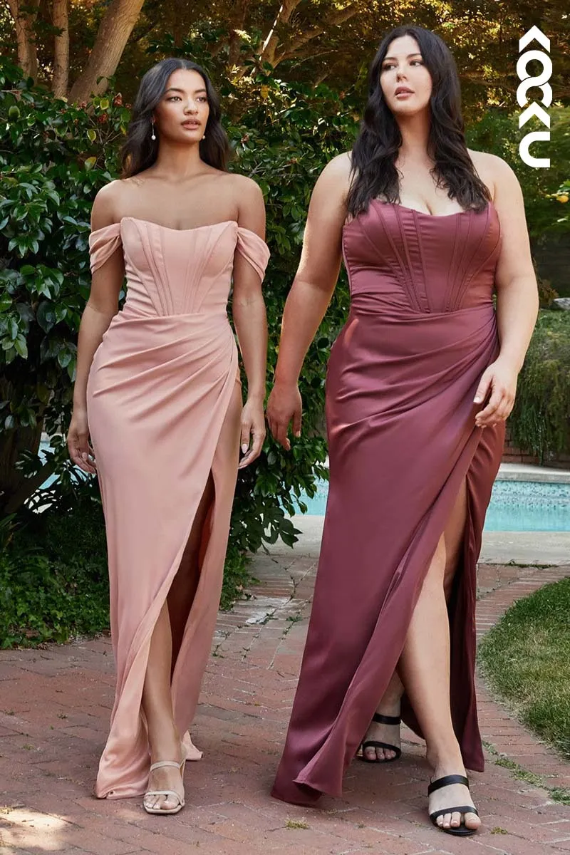 B4009 - Off-Shoulder Ruched Satin Sheath Long Bridesmaid Dress With Slit