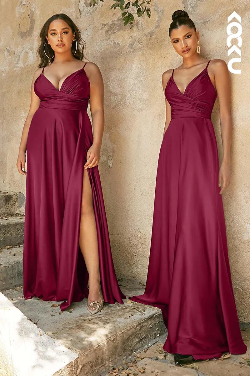 B4010 - V-Neck Spaghetti Straps Satin A-Line Long Bridesmaid Dress