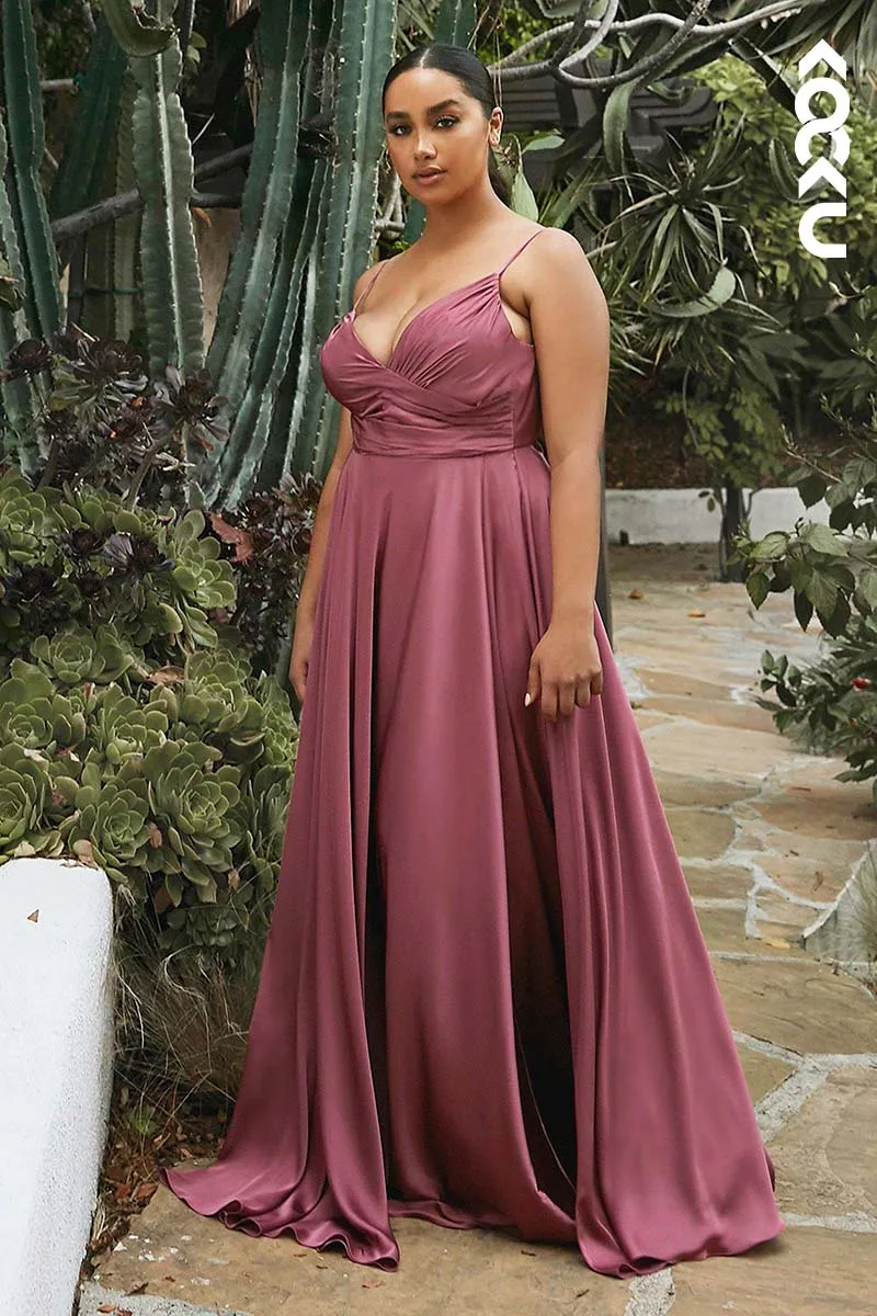 B4010 - V-Neck Spaghetti Straps Satin A-Line Long Bridesmaid Dress