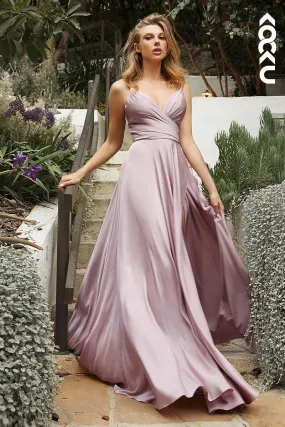 B4010 - V-Neck Spaghetti Straps Satin A-Line Long Bridesmaid Dress