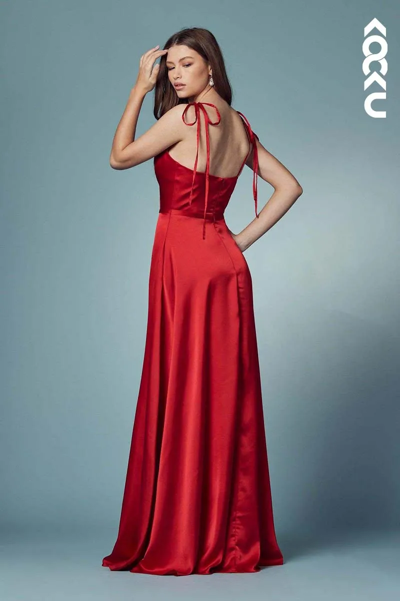 B4020 - V-Neck Spaghetti Straps Satin A-Line Long Bridesmaid Dress