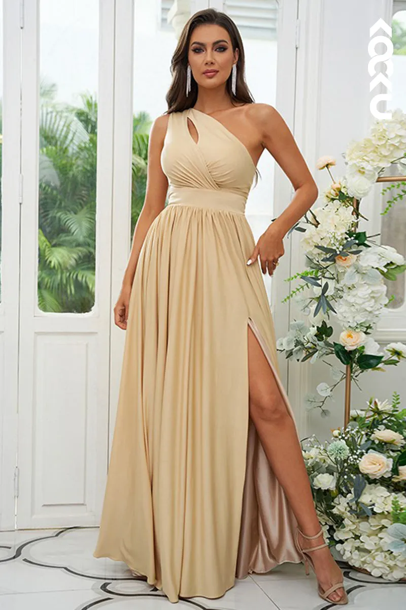 B4024 - One-Shoulder Ruched Satin A-Line Long Bridesmaid Dress With Slit