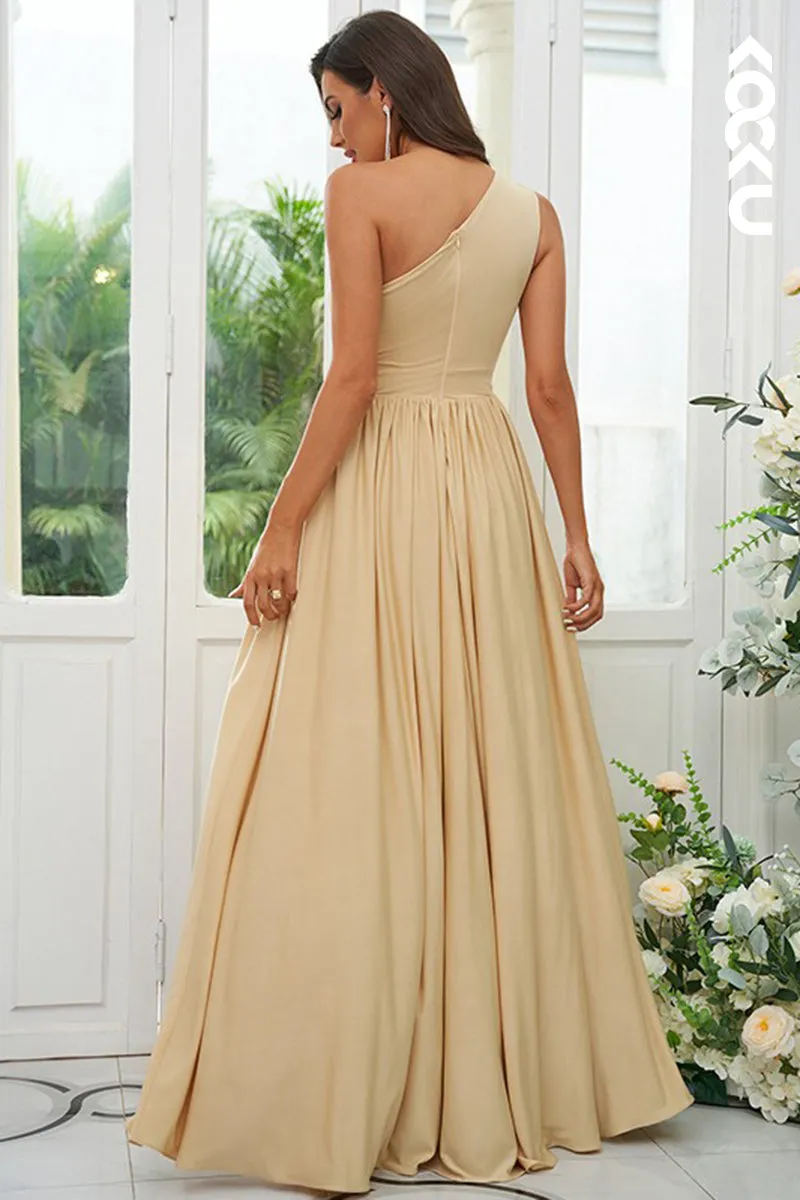 B4024 - One-Shoulder Ruched Satin A-Line Long Bridesmaid Dress With Slit