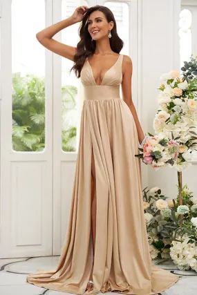 B4026 - V-Neck Ruched Satin A-Line Long Bridesmaid Dress With Slit