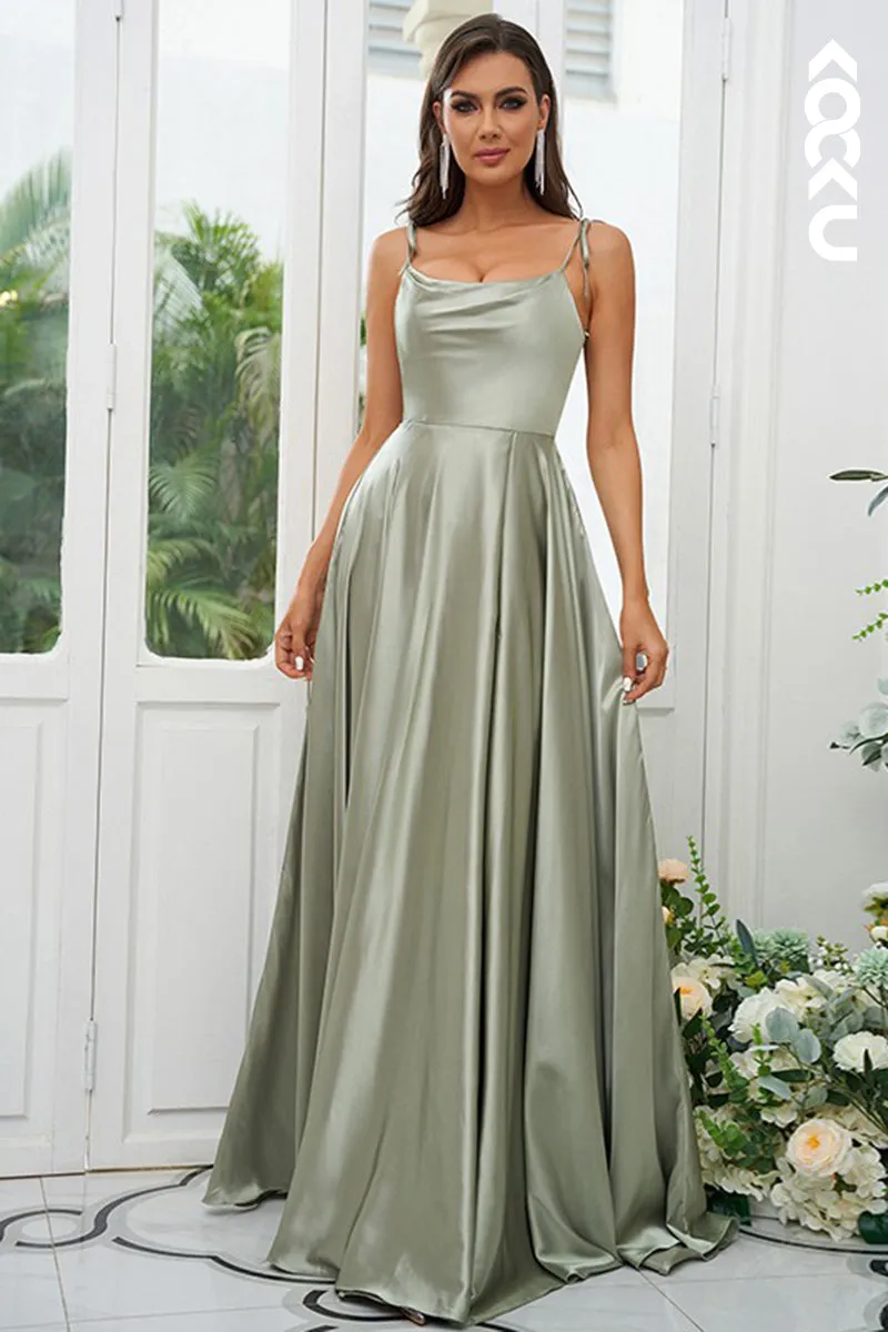 B4027 - Spaghetti Straps Satin A-Line Long Bridesmaid Dress With Slit