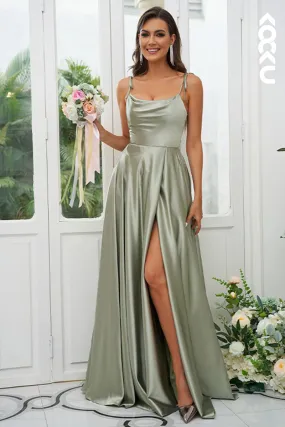 B4027 - Spaghetti Straps Satin A-Line Long Bridesmaid Dress With Slit