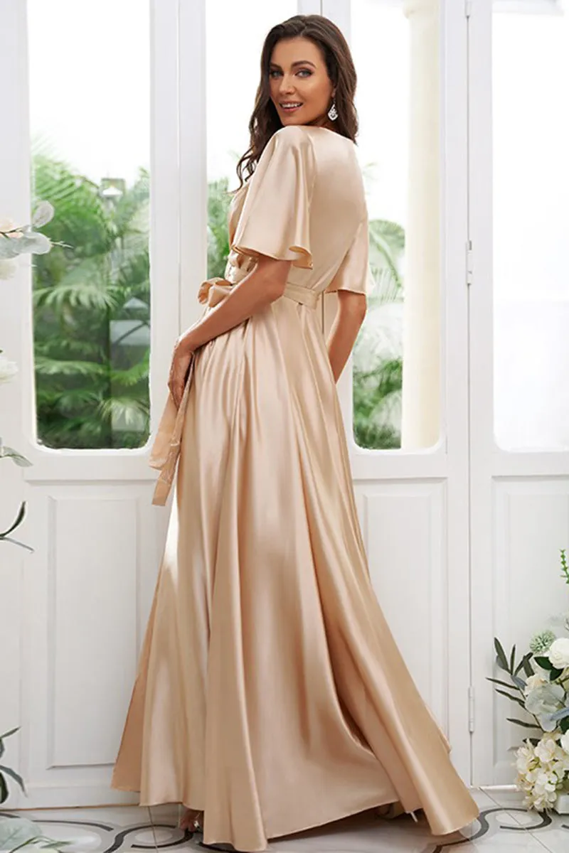 B4028 - V-Neck Short Sleeves Satin A-Line Long Bridesmaid Dress With Slit