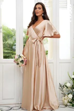 B4028 - V-Neck Short Sleeves Satin A-Line Long Bridesmaid Dress With Slit