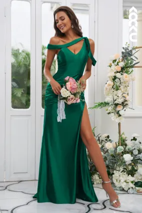 B4030 - One Shoulder Cut Outs Ruched Sheath Long Bridesmaid Dress With Slit