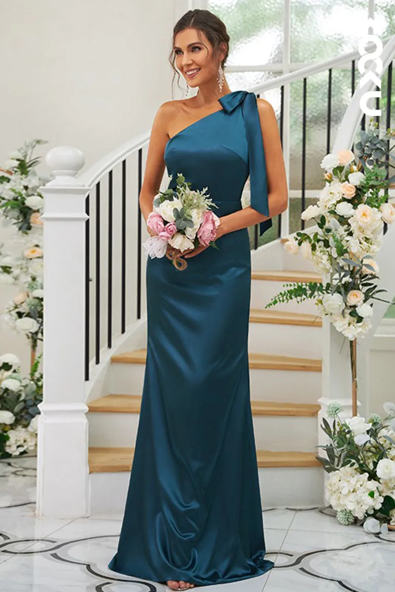 B4033 - One Shoulder Satin Sheath Long Bridesmaid Dress With Bow