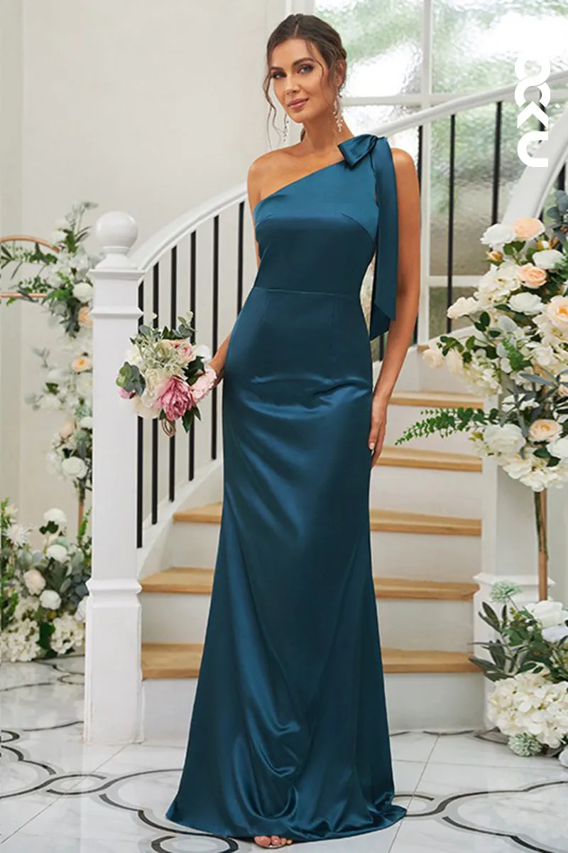 B4033 - One Shoulder Satin Sheath Long Bridesmaid Dress With Bow