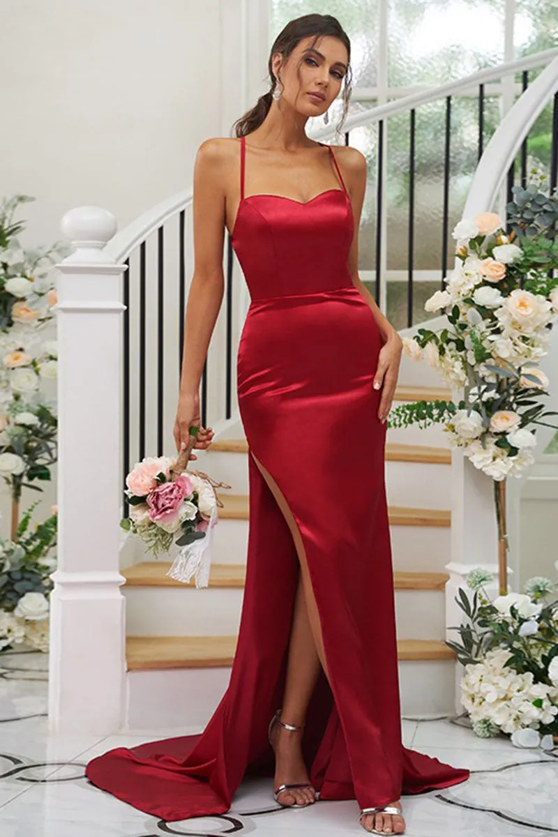 B4052 - Square Neck Ruched Elastic Satin Sheath Bridesmaid Dress