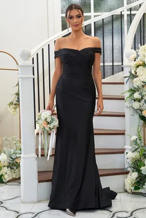 B4053 - Off-Shoulder Ruched Sleeveless Elastic Satin Sheath Bridesmaid Dress