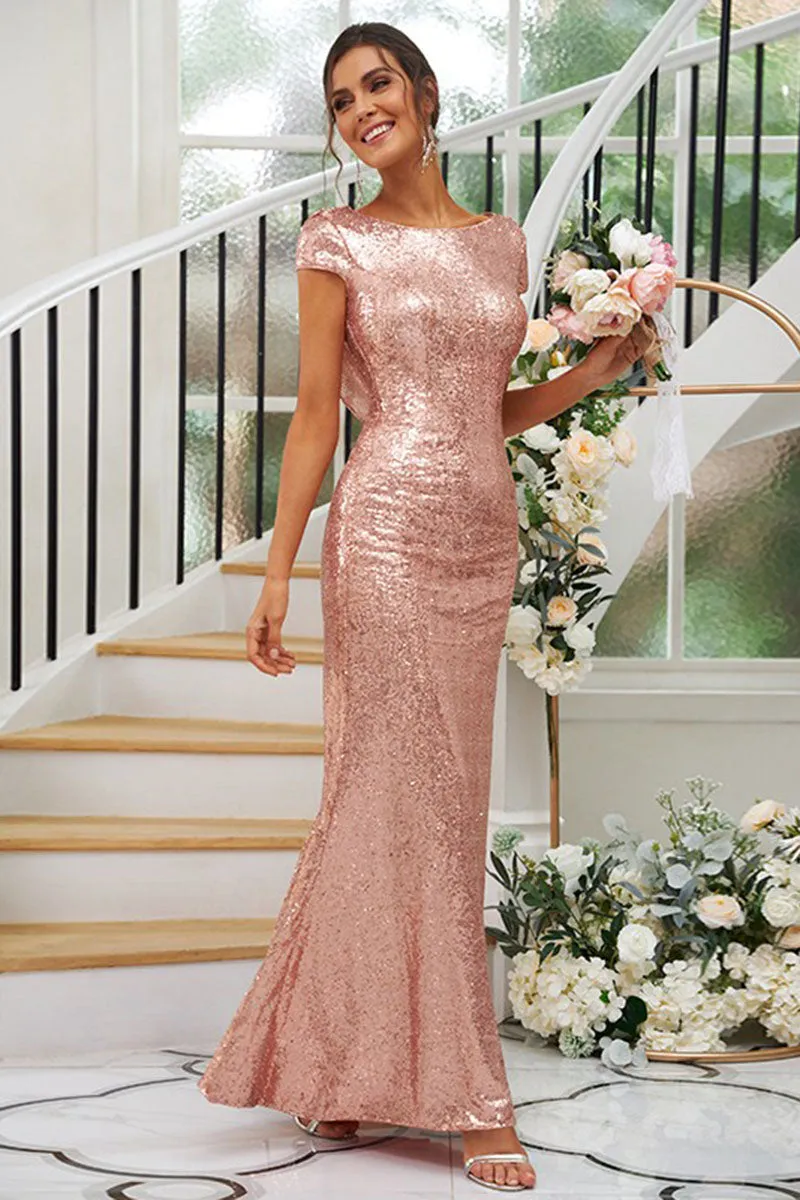 B4055 - Scoop Short Sleeves Ruched Sequins Sheath Bridesmaid Dress