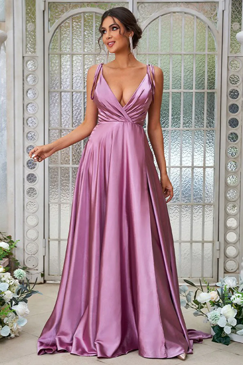 B4074 - V-Neck Spaghetti Straps Ruched Satin A-Line Long Bridesmaid Dress