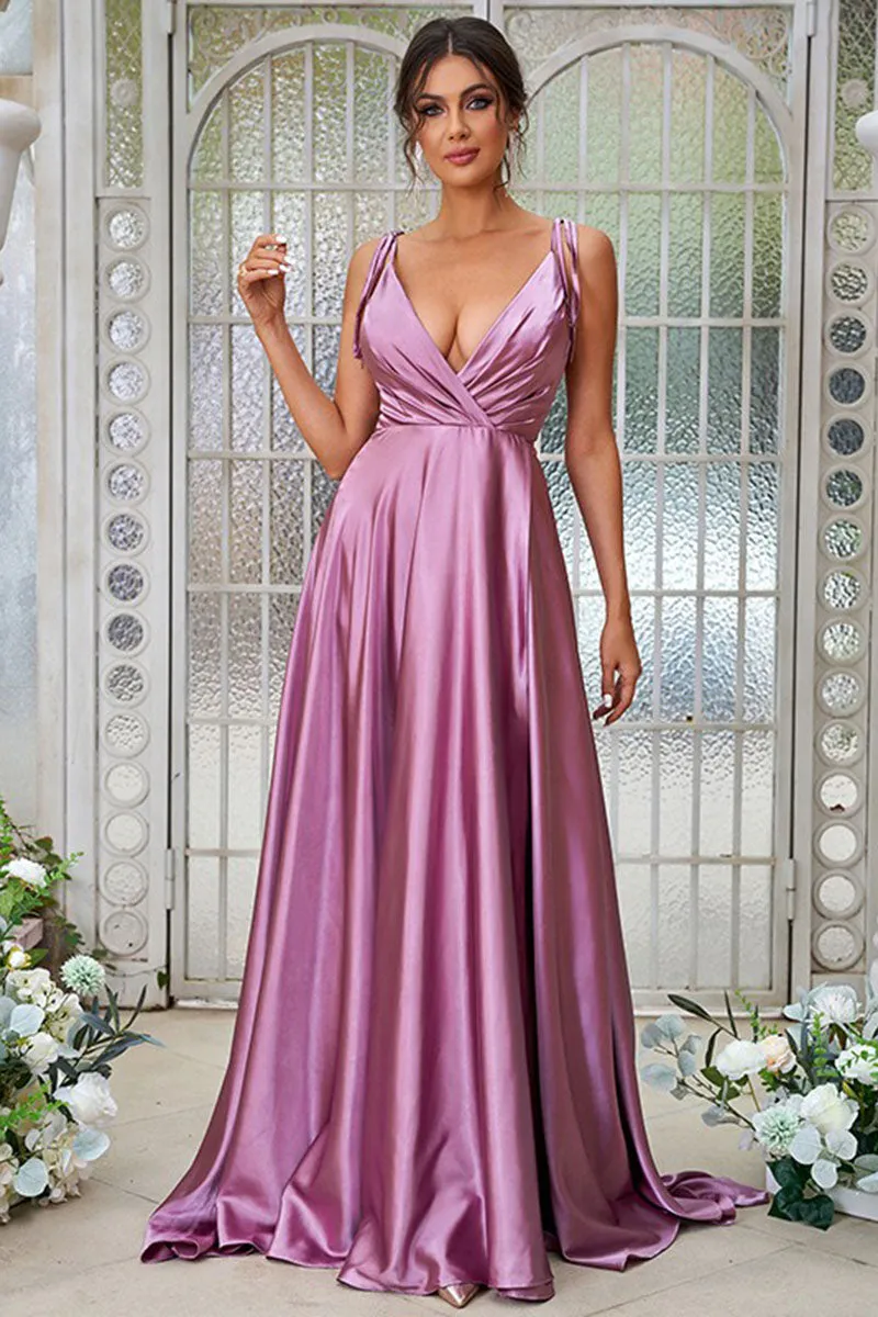 B4074 - V-Neck Spaghetti Straps Ruched Satin A-Line Long Bridesmaid Dress