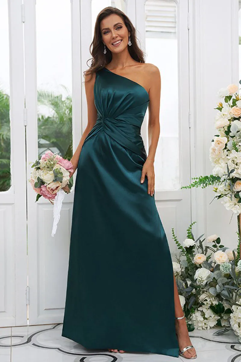 B4075 - One Shoulder Ruched Satin A-Line Long Bridesmaid Dress With Slit