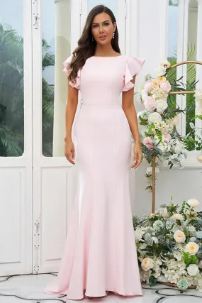 B4079 - Scoop Cap Sleeves Backless Satin Mermaid Long Bridesmaid Dress